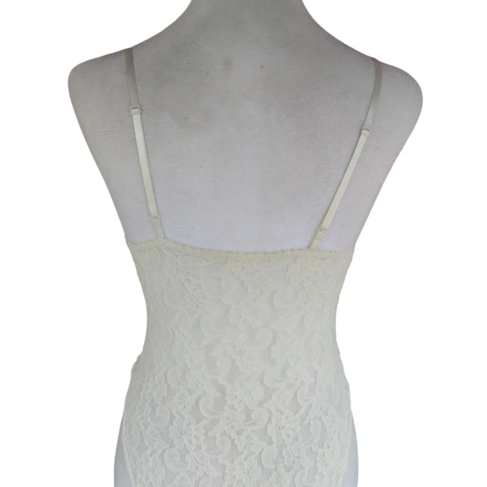 Vintage Off White Lace Nightie Teddy Bodysuit 100% Nylon Size Medium